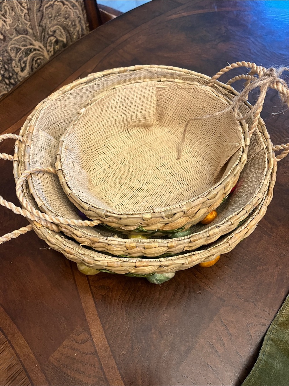 Hand Crafted Straw Nesting Baskets with Multicolor Embroidered Buds - Picture 5 of 9